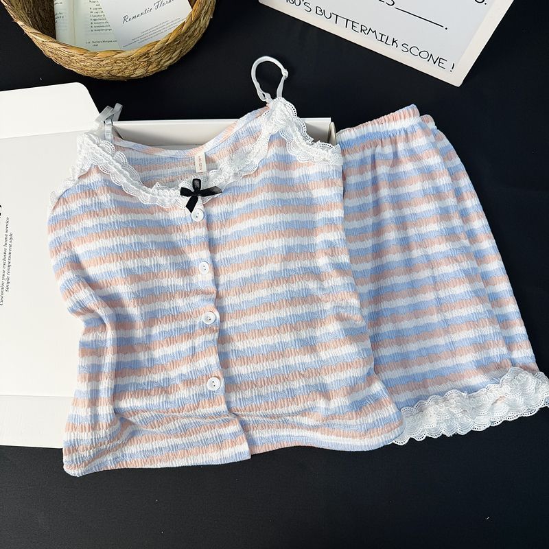 Pijama de mujer de verano con cojín de pecho, pantalones cortos de cabina sexy puros, rayas delgadas sin mangas, set de ropa de verano