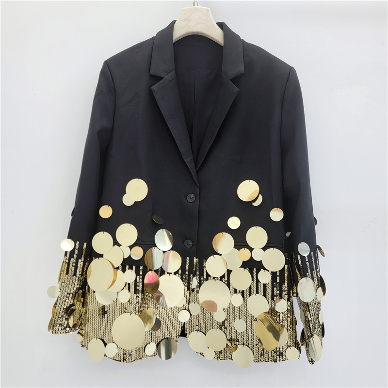 Chaqueta de Traje de Manga Larga con Solapa Mezcla de Algodón Con Lentejuelas para Primavera image 1