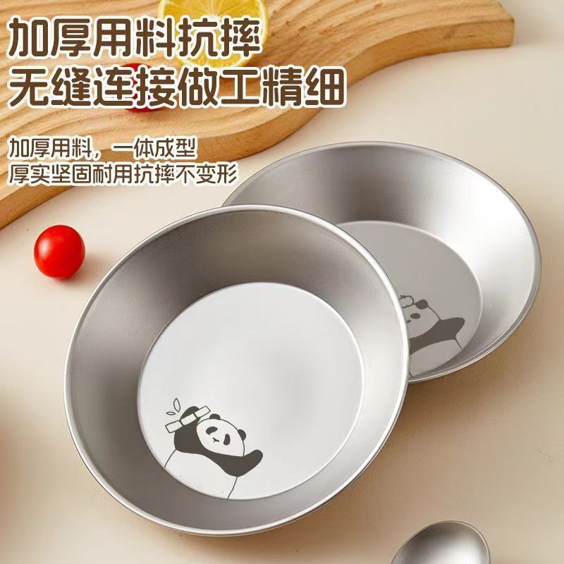 チタン鋼ディナープレート蒸しプレート食品グレード家庭用漫画ラウンドフラットプレートディッシュプレート屋外バーベキュープレートスプーンと箸セット|undefined