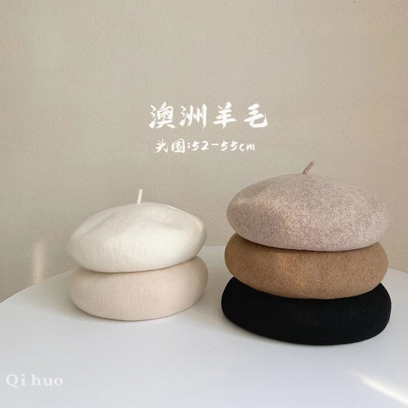 子供秋冬高品質レトロオーストラリアウールベレー帽洋気赤ちゃん画家帽保温凹形帽子|undefined