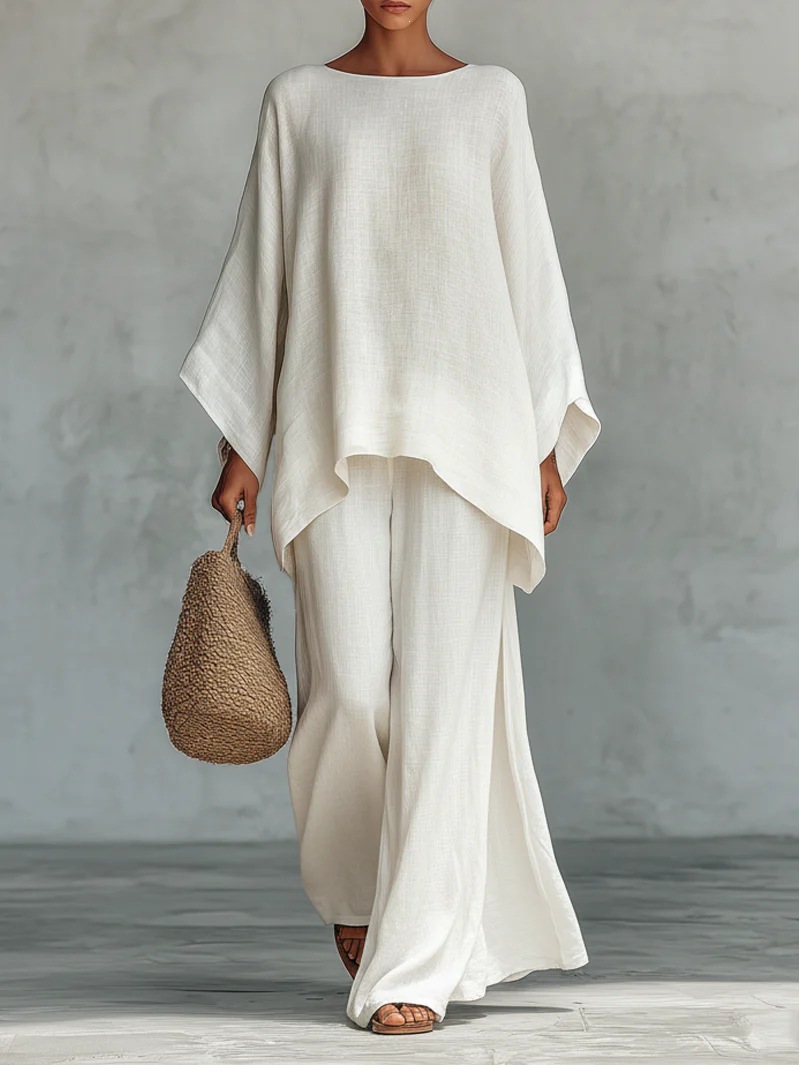Breathable Linen-Blend Batwing Sleeve Shirt And Wide-Leg Pants Set For Women, Comfortable Office To Casual Wear, Available In Multiple Colors_ecoleips.com
