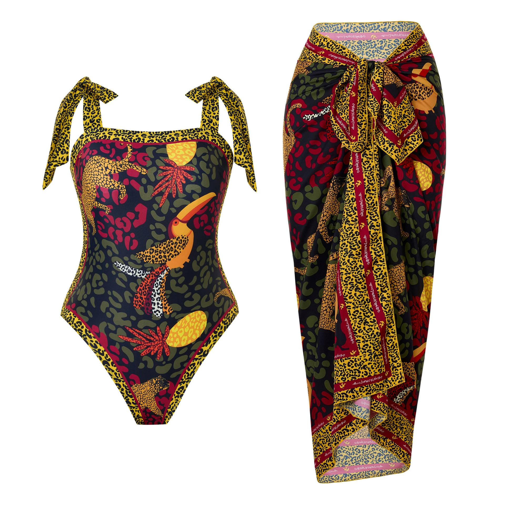 One-Piece Swimsuit (Qiao Jiayuan) 2025 Retro Style with Wrap Skirt, Crane Print, S–XL & One Size
