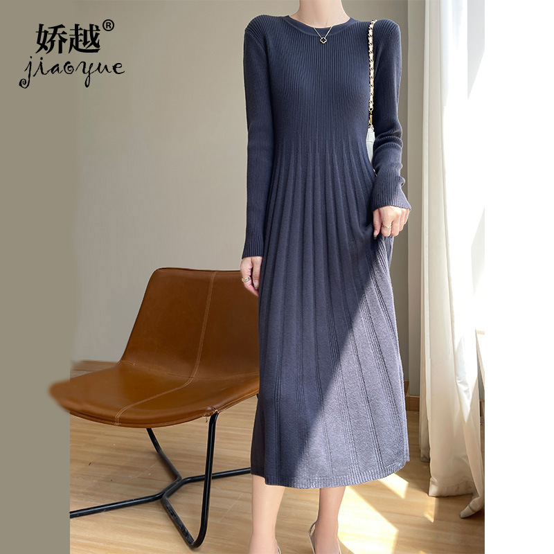 Woolen knitted long demi-season fashionable dress with a round…