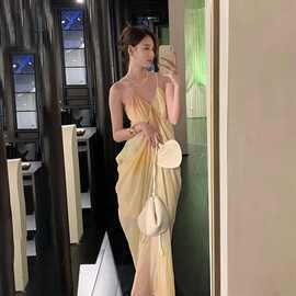 法式仙女气质海边度假长裙垂坠感黄色晕染印花v领吊带连衣裙女夏