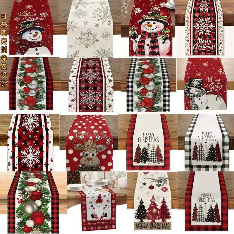 Nueva creatividad transfronteriza Amazon Navidad banderas de mesa estadounidenses estampadas en lino Navidad muñecos de nieve almohadillas de mesa banderas de Mesa