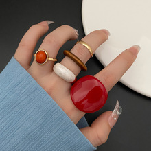 欧美跨境创意树脂酒红色大号扳指戒指套装5件套 镶嵌宝石戒指批发