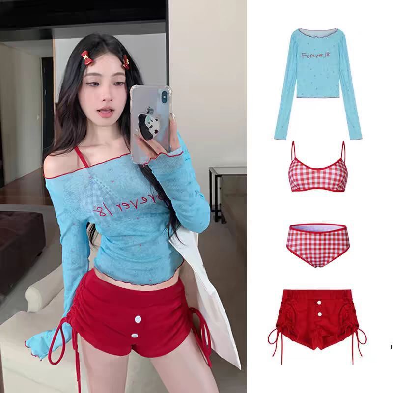 Swimwear Women's 2025 New Dopamine Split Red Plaid Skirt Bikini Four-piece Long Sleeve Blouse Swimwear