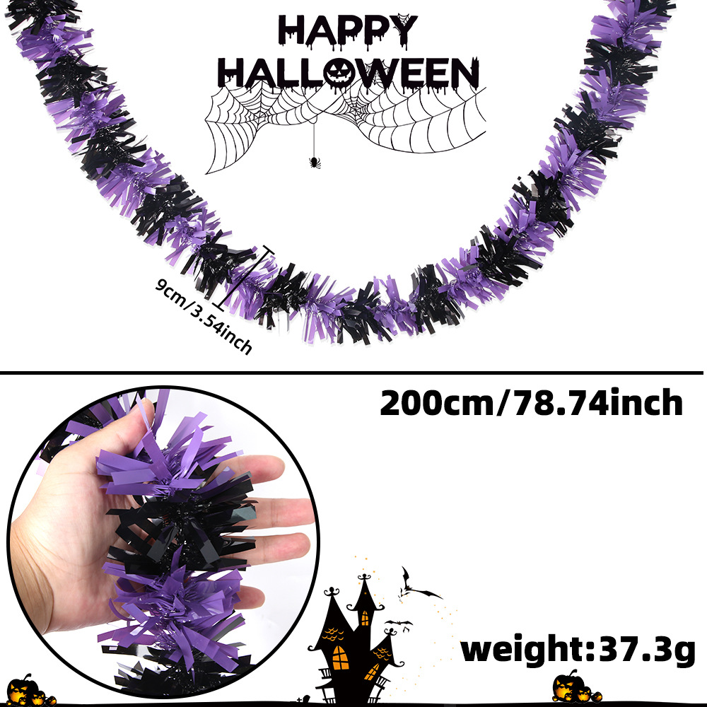 Guirnalda de oropel de 2 metros de largo para decoración del hogar, patio o festival de fantasmas, con rayas naranjas, moradas y negras, adorno colgante de geranio artificial para bricolaje.