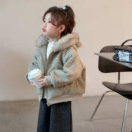 女童外套秋冬款2025新款洋气女宝宝冬季毛领连帽夹棉上衣儿童冬装