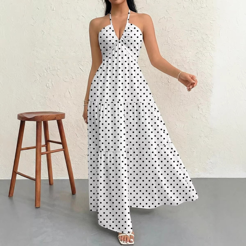 Polka Dot Halter Neck Dress for Women 2025 Summer New French Style V-Neck Waist-Cinching Long Dress Cross-Border Women's Fashion
