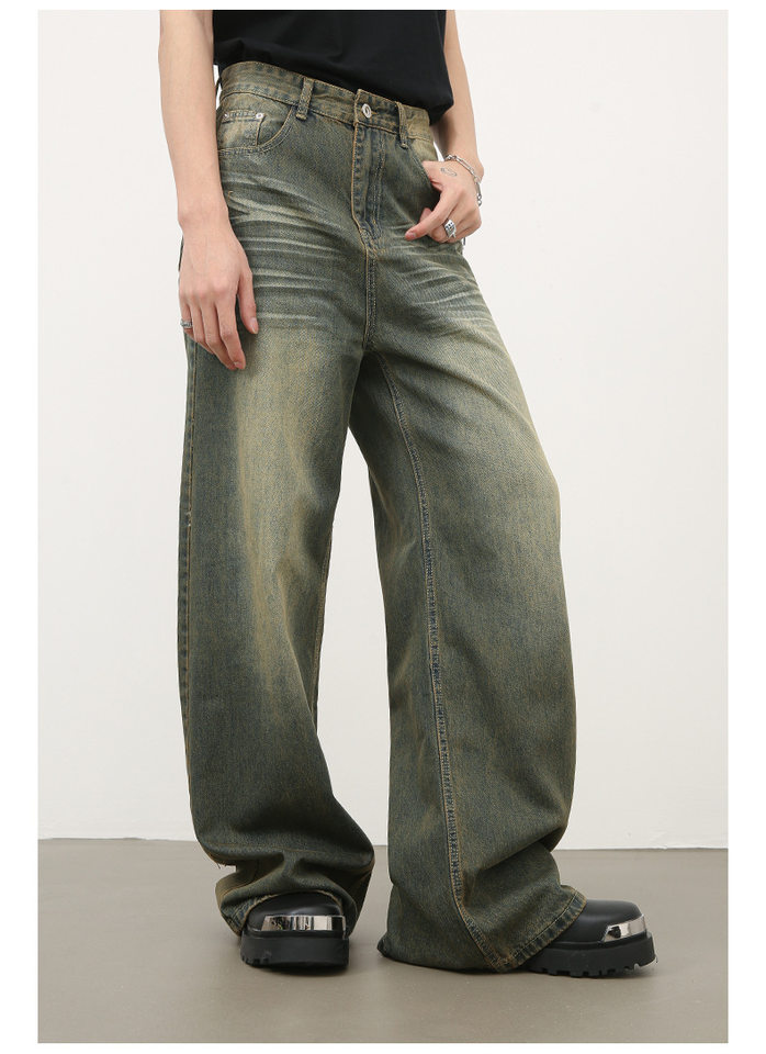 Quần jean nam ống rộng ống đứng dáng suông, vải denim giặt nước hiệu ứng râu mèo — Xanh cổ điển chi tiết 10