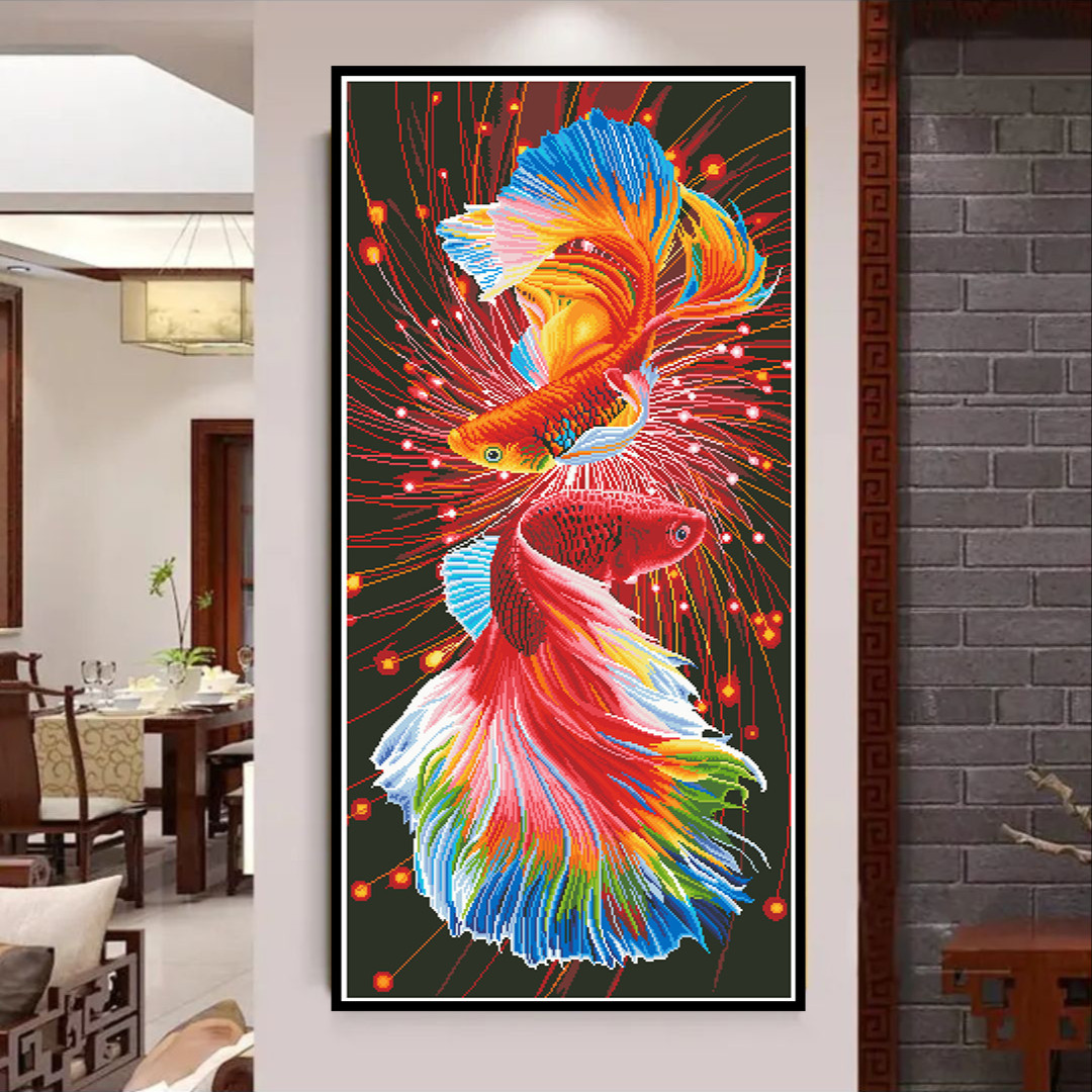 Punto de Cruz Real de la Mona Lisa, Doble Koi Rojo Fuego, Colección Popular para Sala de Estar, Pintura Decorativa de Estilo Chino, Versión Vertical, Bordado Hecho a Mano