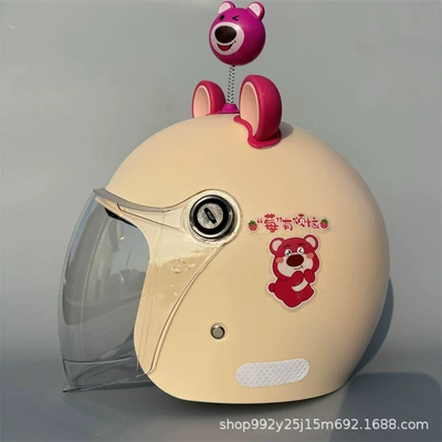 helmet ladies electric car anti-fall safety: Motosiklet kaskı (dəbilqə) - q3c-khaki-strawberry-bear-hd-long-mirror-rose-pink-bear-ears-shaking-bear-new-national-standard-category-a-adult-winter-helmet-free-gem-sticker