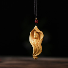 黃楊木雕刻柳葉觀音吊墜男女實木汽車平安掛件毛衣鏈裝飾送禮優選