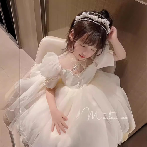 Princess Dress for Girls, Summer Pom Pom Skirt Flower Girl Birthday Anniversary Dress for Baby Girls, Piano Children's Performance Dress, One-piece Dress