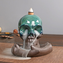 跨境蓝色紫砂倒流香香炉 创意欧式骷髅头倒流香薰炉家居摆件批发