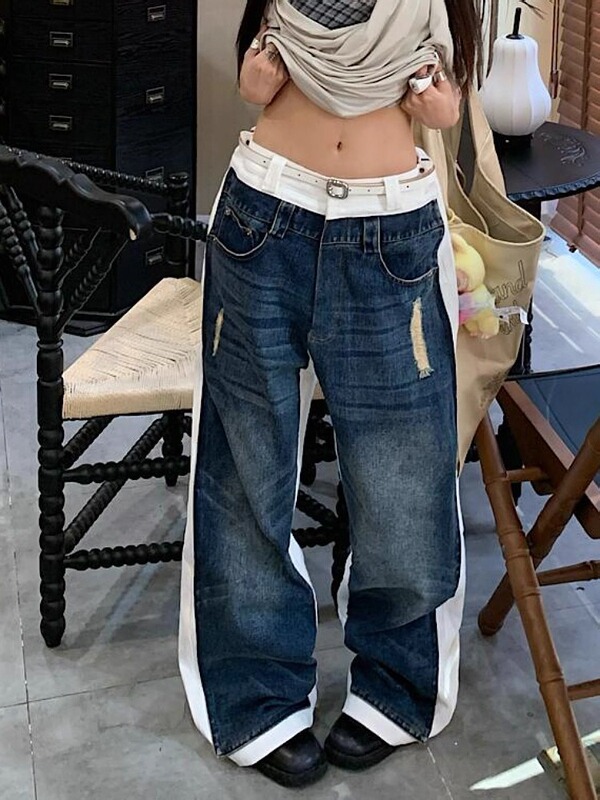 Plus Size American Vibe Washed Double-Layer Splicing Jeans Women's Street Straight Loose Slimming Look Wide-Leg Pants
