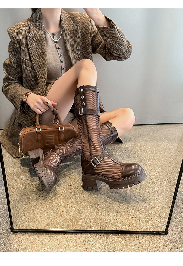 Boot nữ cổ cao ôm bắp chân da thật phong cách dây đai khóa, đế dày gót thô — Ống tiêu chuẩn nâu, Ống mở rộng đen, Ống mở rộng nâu, Ống tiêu chuẩn đen chi tiết 16