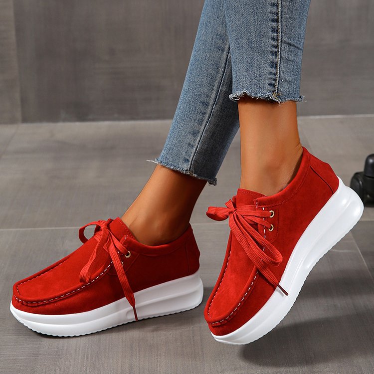 Chaussures pour femmes mocassins à semelles épaisses à lacets sur le devant talon compensé chaussures d'extérieur décontractées_voghion.com