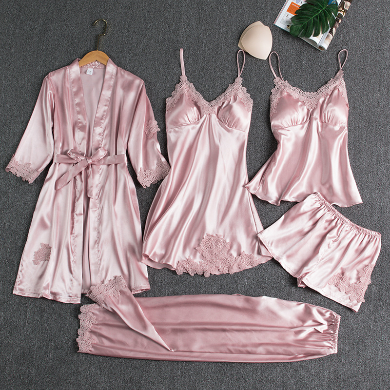 Girl's Battleship Spring and Summer Pajamas Women's Sexy Five-piece Set Silk Thin Nightgown with Chest Pad Sling Nightgown Women's Nightgown
