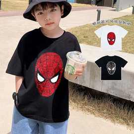 亲子装儿童纯棉亮片变色卡通短袖T恤夏季男童炸街潮牌中大童上衣