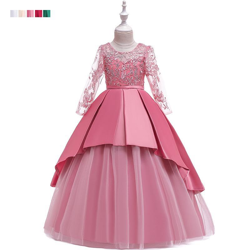 Vestido largo para niños ins vestido de princesa bordado de malla nuevo vestido de novia de manga larga para niñas fregona larga