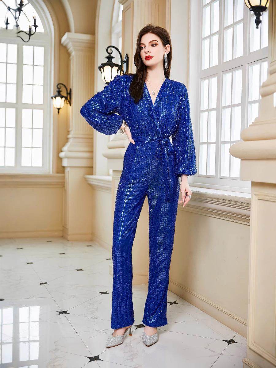 Nuevo mono transfronterizo europeo y americano, mono de banquete con cuello en v de moda de manga larga, mono sexy con lentejuelas