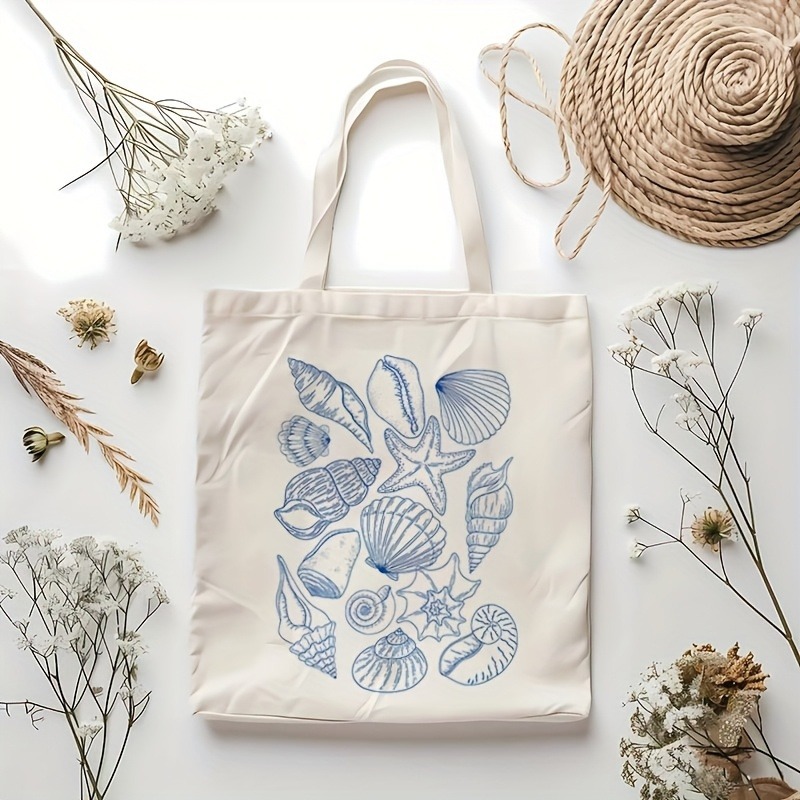 1Pc Star-Shaped Starfish and Shell Pattern Canvas Ladies Tote Bag, Non-Fading Shopping Bag, Multifunctional Double