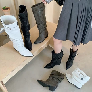 牛皮版女靴子两种筒高显瘦尖头粗跟皮带扣大筒围堆堆靴褶皱骑士靴