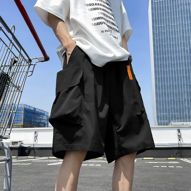 Летние тонкие функциональные черные карго-шорты мужские свободные повседневные средней длины в американском стиле