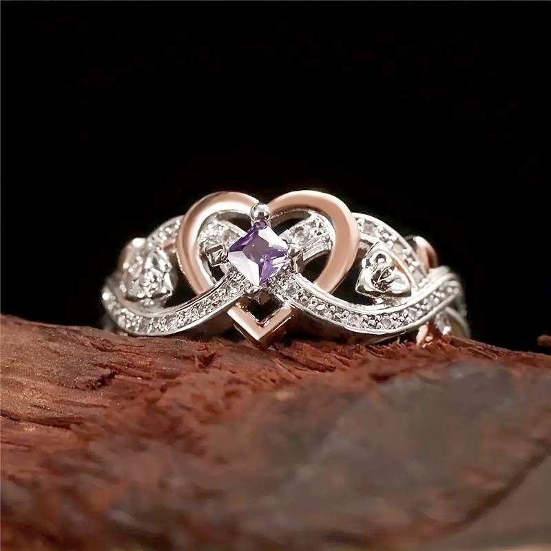 Aliexpress Cross-Border Best-Selling Rose Gold Rose Two-Color Heart-Shaped Purple Diamond Ring European and American Ladies Engagement Ring