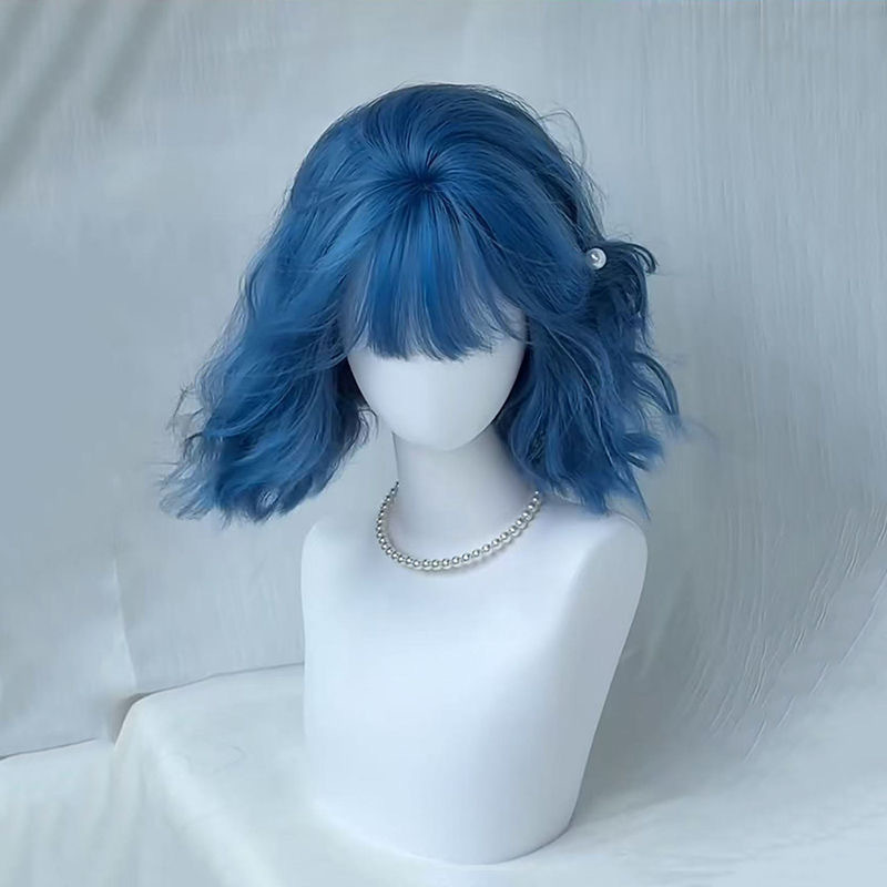 Wig Female Sea Blue Full Bangs Short Curly Hair Wool Curly Short Hair Lolita Daily Artificial Hair Natural Full Headgear