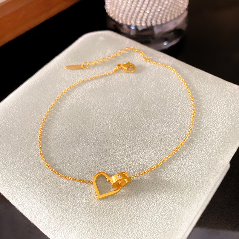 Japanese and Korean Minimalist Titanium Steel Heart Love Double Ring Bracelet Classic Style Interlocking Anklet Versatile and Elegant