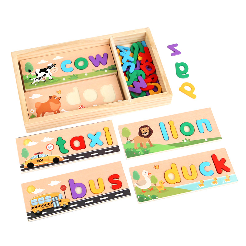 Juego de ortografía de caja de madera para rompecabezas para niños Alfabeto inglés Educación temprana Ortografía cognitiva Jardín de infantes Juguetes educativos de madera