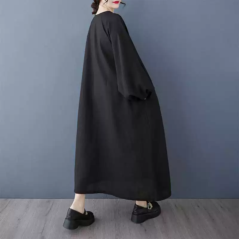 Осеннее платье с длинным рукавом, корейский стиль, V-образный вырез, oversize