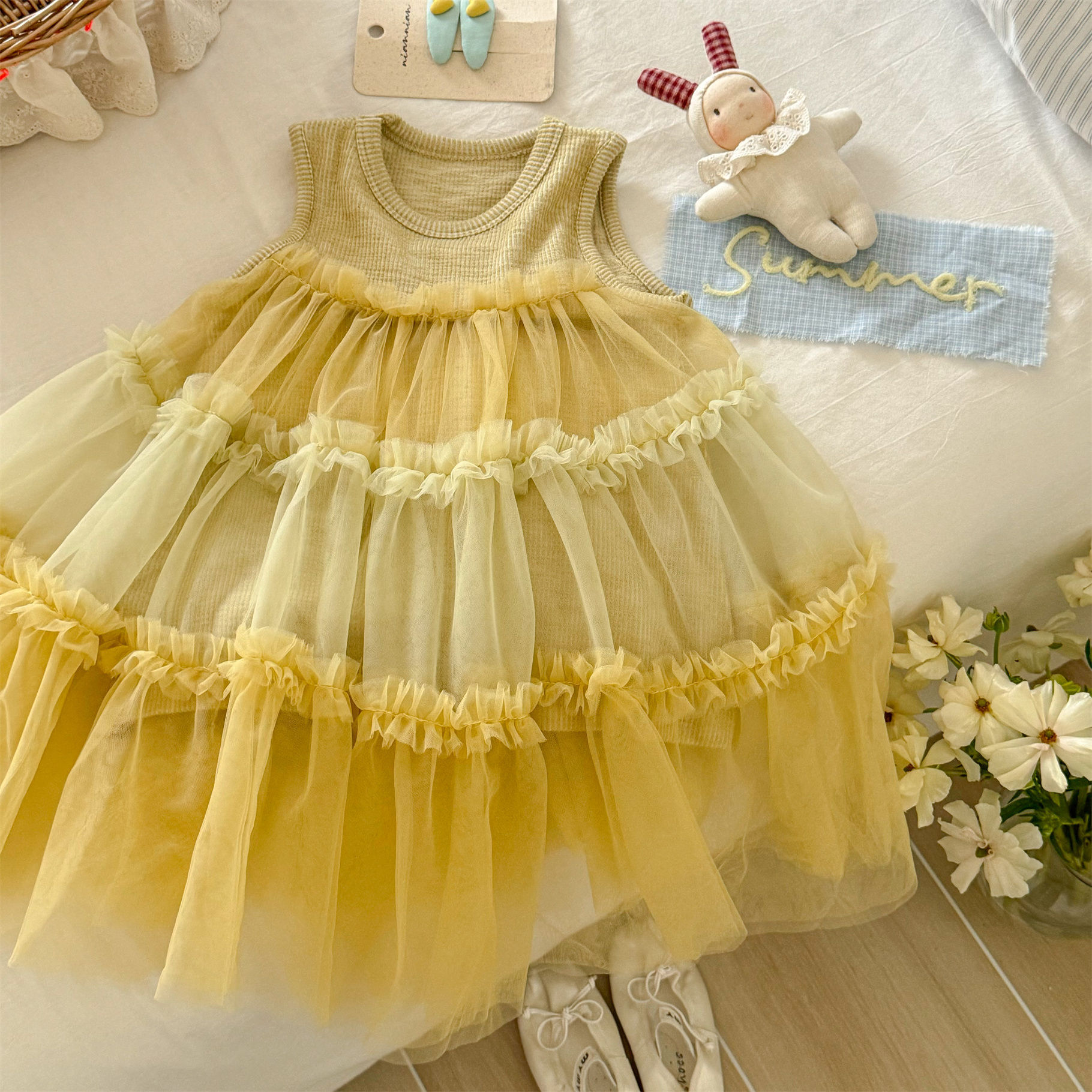 [Xianning Seven] Vestido de chaleco de costura de malla para niñas coreanas Falda larga de hadas Vestido de princesa de estilo occidental para bebés