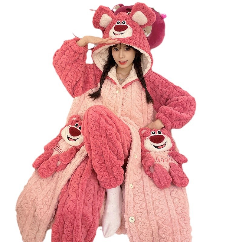 Pijamas para mujer traje de camisón de lana de coral de invierno 2024 nuevo estilo franela de manga larga engrosamiento cálido servicio a domicilio