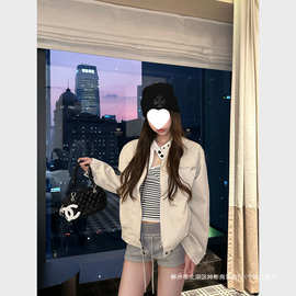 跨境美式复古立领秋季外套女5新小个子宽松百搭短机车夹克衣图片