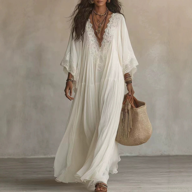 White Lace V-Neck Long Dress with Batwing Sleeves, Holiday Beach Dress with Fairy-Like Ruffles, Flowing and Elegant for a Relaxed Seaside Look White Lace V-Neck Long Dress with Batwing Sleeves, Holiday Beach Dress with Fairy-Like Ruffles, Flowing and Elegant for a Relaxed Seaside Look