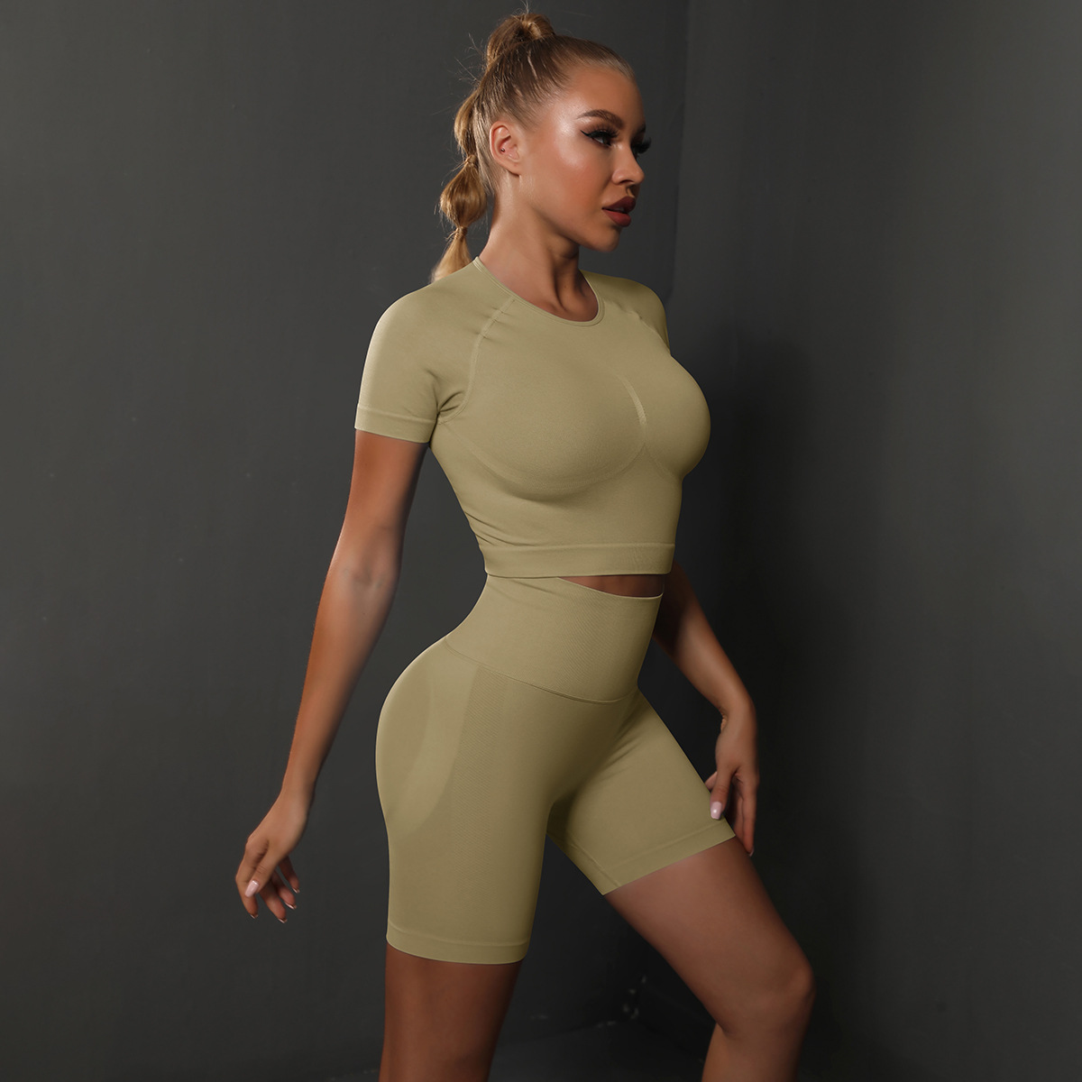 308g Weight Short Sleeve Sleeve Length Nylon, Nylon, Spandex Fabric Type Short Top Length Shorts Suits Pants Type Fitness, Yoga Occasion Round Neck Neckline Solid Color Pattern Sport Style Style Seamless Craft Sport Style Solid Color Nylon Nylon Spandex Round Neck Tracksuit Shorts Suits 103