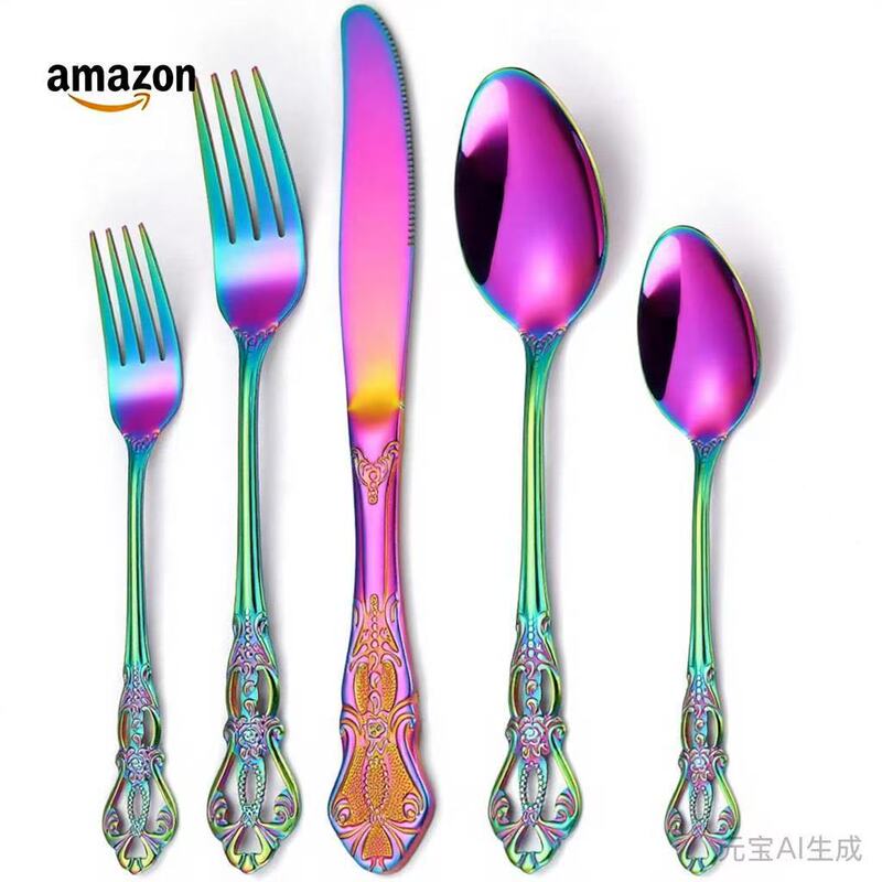 Christmas Luxurious Retro Royal Stainless Steel 5-Piece Cutlery Set, Including Fork, Spoon, and Dessert Knife