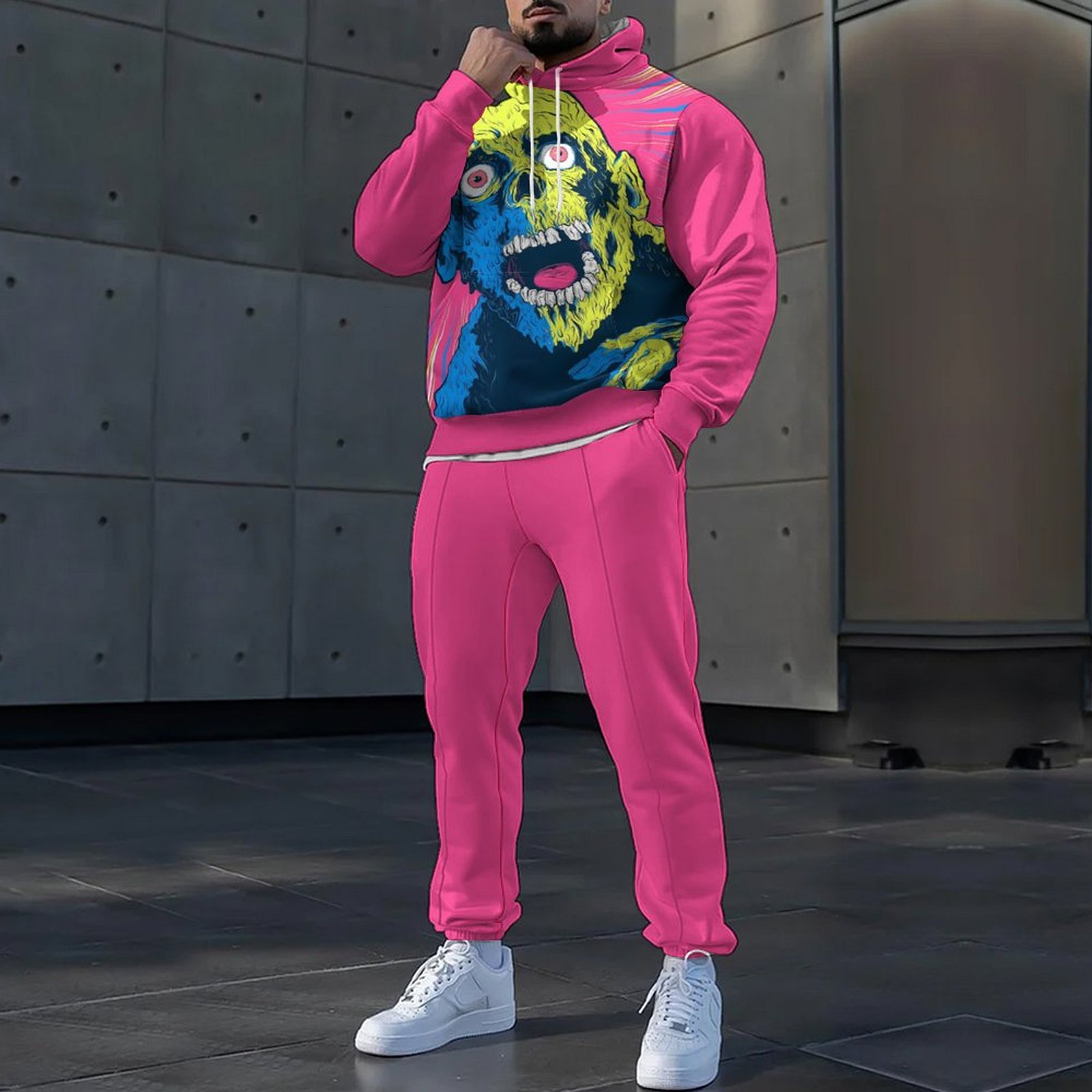 Traje de pantalón de suéter con capucha con estampado de animales 3D HD, MC11-ML1 de dos piezas de estilo perezoso y casual para el hogar