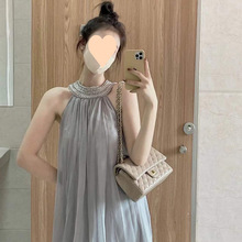 挂脖连衣裙女装2025新款韩版重工钉珠手工奥钻气质无袖裙子潮
