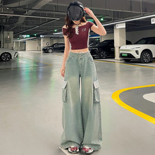 韩系蕾丝花边直筒裤工装牛仔裤辣妹风潮流阔腿裤长裤2025春夏新款