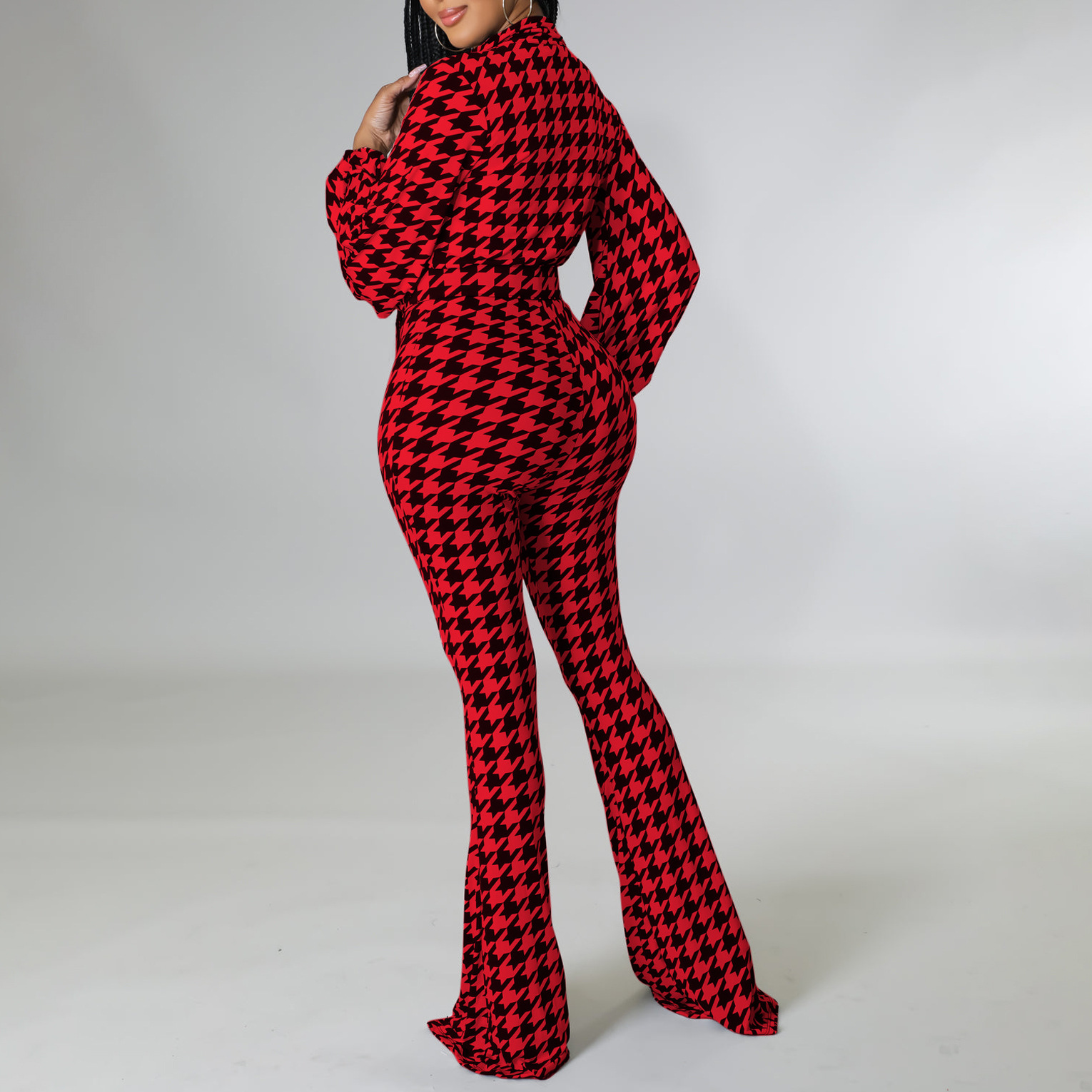 C8559 ropa de mujer transfronteriza 2023 Otoño e Invierno Nuevo cuello en V puff manga cintura apretada impresa pierna ancha más tamaño mono africano