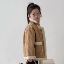 女童加绒加厚皮毛一体机车皮外套2025冬中小童羊羔毛保暖大衣棉服