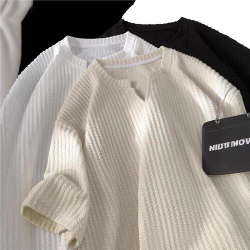 White V-neck Short-sleeve T-shirt for Men, Summer Texture Loose Half-sleeve T-shirt, American Trend Brand Heavyweight Youth Top