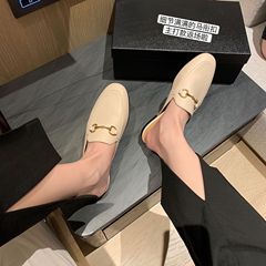 牛皮版~葡萄媽同款一腳蹬樂福鞋包頭平底馬銜扣穆勒半拖鞋女外穿
