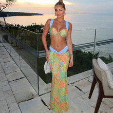 欧美外贸2025春季新款性感辣妹撞色印花绑带上衣高腰半身裙三件套