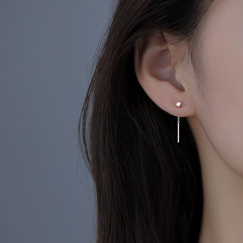 Earrings silver 925, minimalist cube stud with slim drop, lightweight summer accessory